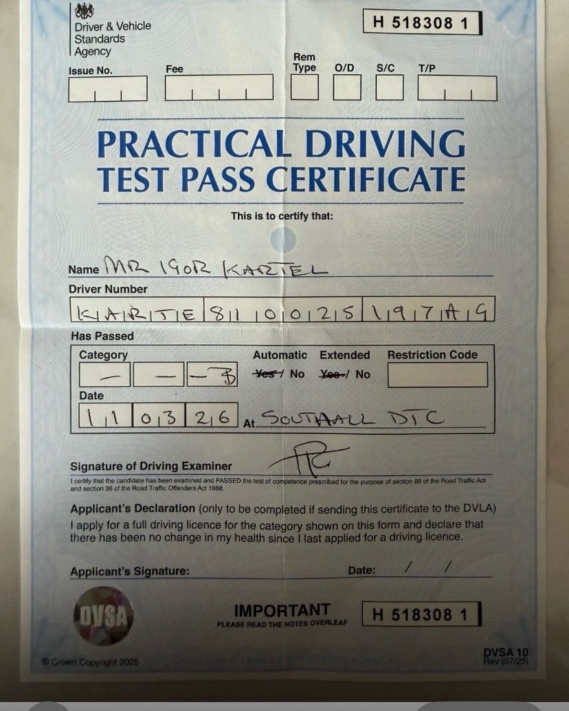 driving test pass photo of Igor Kartel